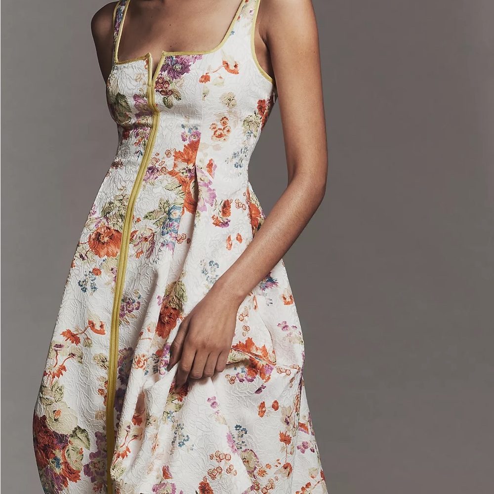 Anthropologie Maeve Floral Midi Dress with Gold Trim